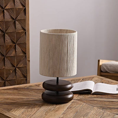 Traditional Japanese Cylindrical Iron Wood Fabric 1-Light Table Lamp For Bedroom
