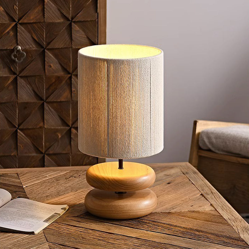 Traditional Japanese Cylindrical Iron Wood Fabric 1-Light Table Lamp For Bedroom