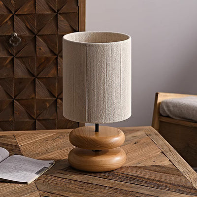 Traditional Japanese Cylindrical Iron Wood Fabric 1-Light Table Lamp For Bedroom