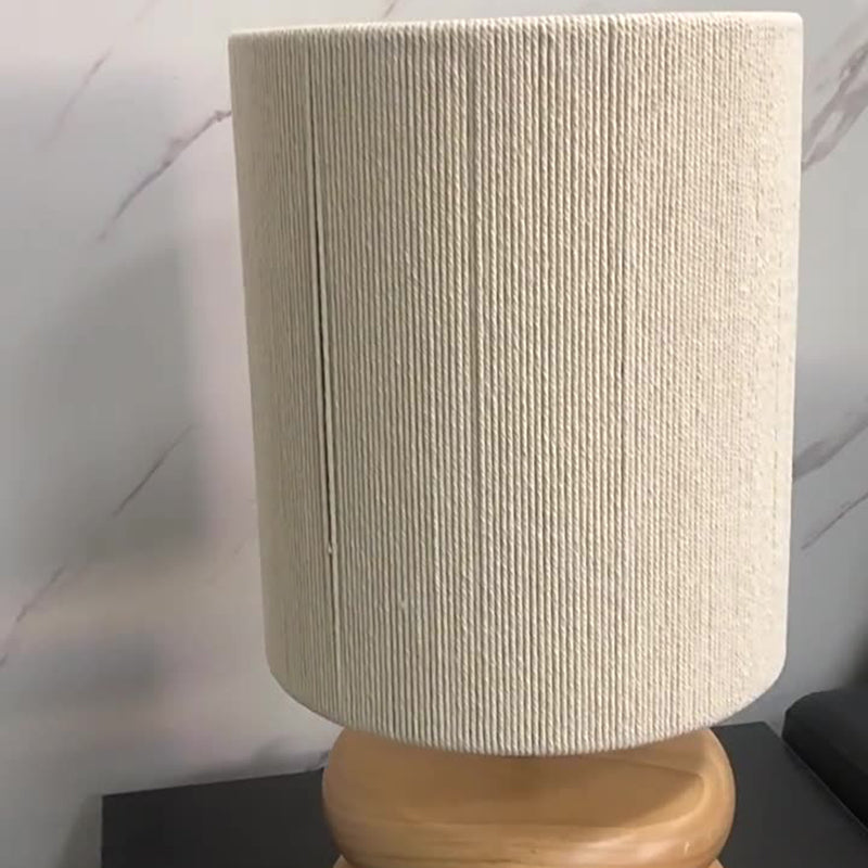 Traditional Japanese Cylindrical Iron Wood Fabric 1-Light Table Lamp For Bedroom