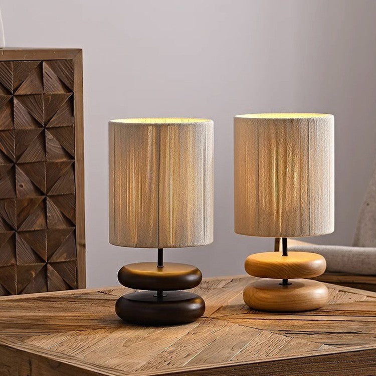 Traditional Japanese Cylindrical Iron Wood Fabric 1-Light Table Lamp For Bedroom
