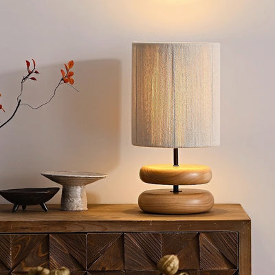 Traditional Japanese Cylindrical Iron Wood Fabric 1-Light Table Lamp For Bedroom