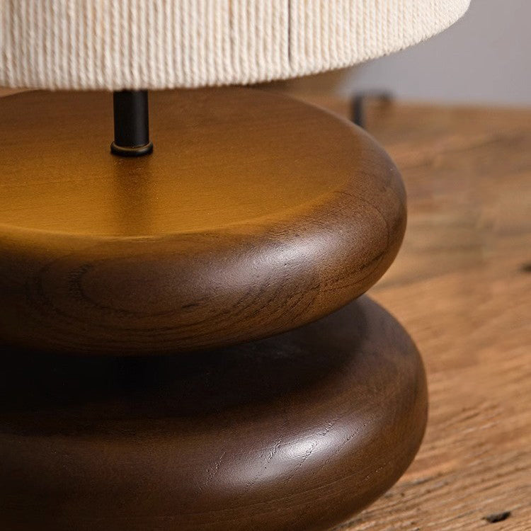 Traditional Japanese Cylindrical Iron Wood Fabric 1-Light Table Lamp For Bedroom