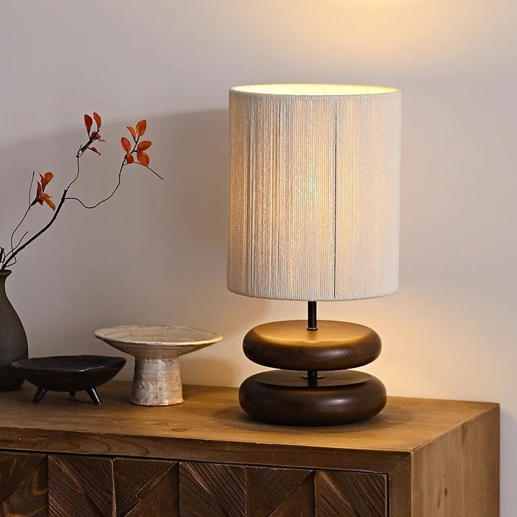Traditional Japanese Cylindrical Iron Wood Fabric 1-Light Table Lamp For Bedroom