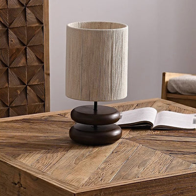 Traditional Japanese Cylindrical Iron Wood Fabric 1-Light Table Lamp For Bedroom