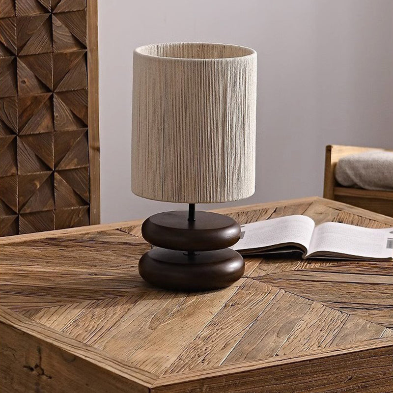 Traditional Japanese Cylindrical Iron Wood Fabric 1-Light Table Lamp For Bedroom