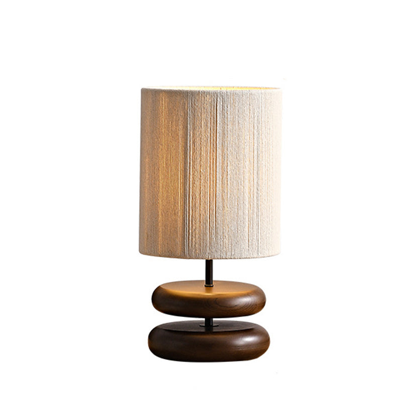 Traditional Japanese Cylindrical Iron Wood Fabric 1-Light Table Lamp For Bedroom