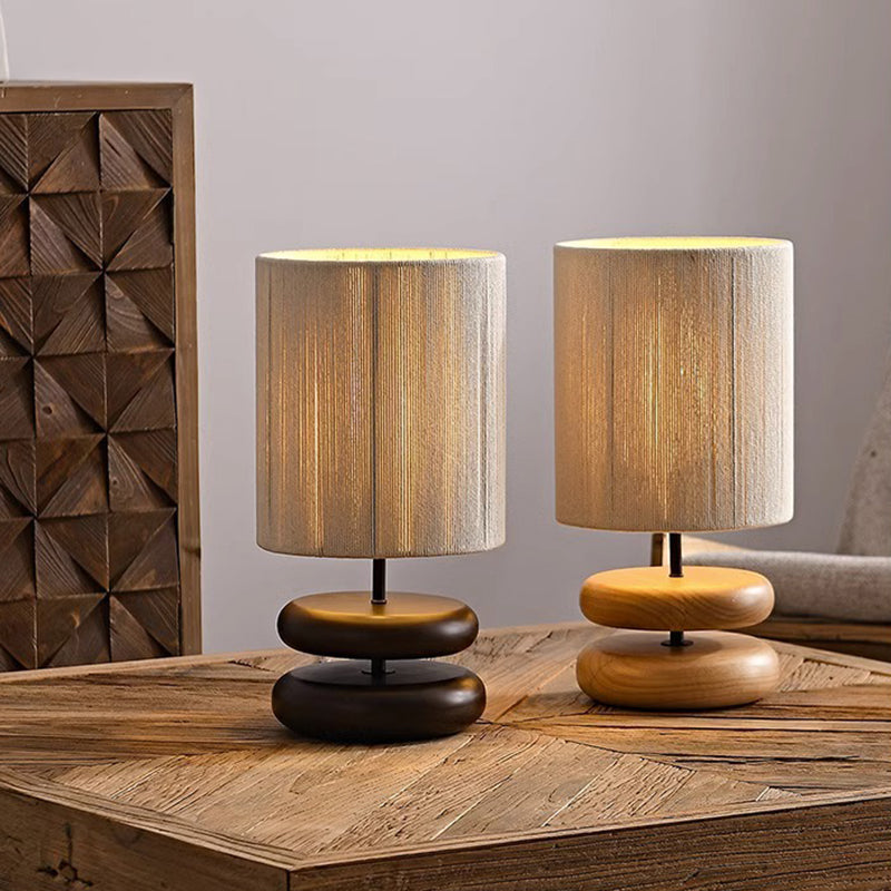 Traditional Japanese Cylindrical Iron Wood Fabric 1-Light Table Lamp For Bedroom