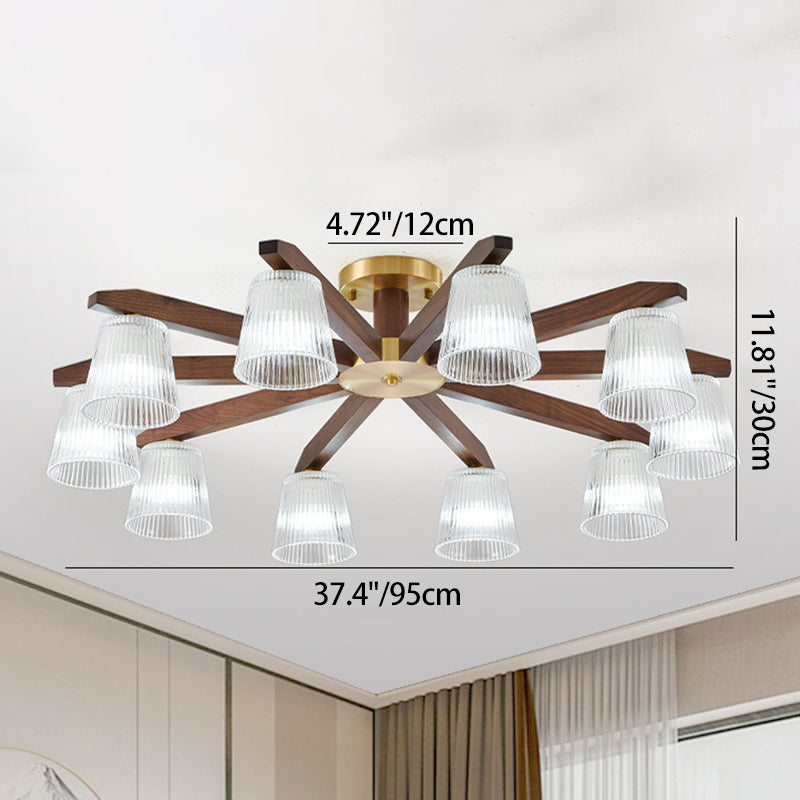 Zeitgenössische Retro-Becher aus Walnussholz und Kupferglas 5/6/8/10-Licht Halbeinbau-Deckenleuchte für das Schlafzimmer 