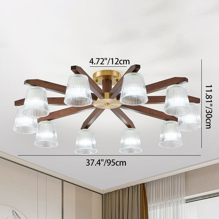 Zeitgenössische Retro-Becher aus Walnussholz und Kupferglas 5/6/8/10-Licht Halbeinbau-Deckenleuchte für das Schlafzimmer 