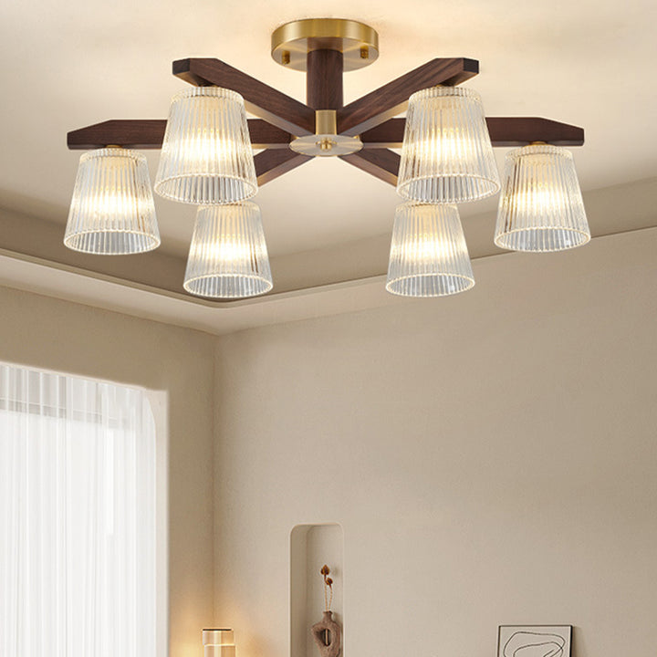 Zeitgenössische Retro-Becher aus Walnussholz und Kupferglas 5/6/8/10-Licht Halbeinbau-Deckenleuchte für das Schlafzimmer 