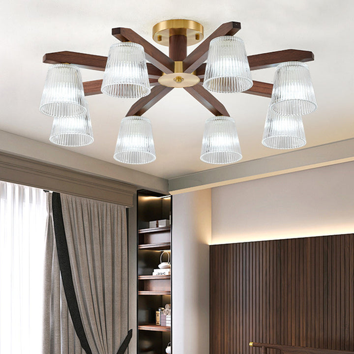 Zeitgenössische Retro-Becher aus Walnussholz und Kupferglas 5/6/8/10-Licht Halbeinbau-Deckenleuchte für das Schlafzimmer 
