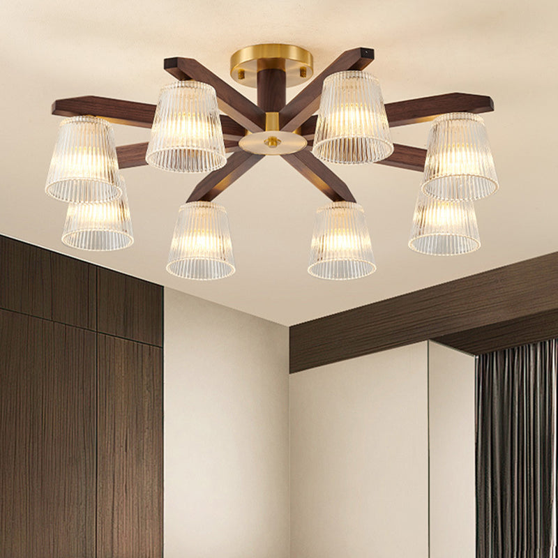 Zeitgenössische Retro-Becher aus Walnussholz und Kupferglas 5/6/8/10-Licht Halbeinbau-Deckenleuchte für das Schlafzimmer 