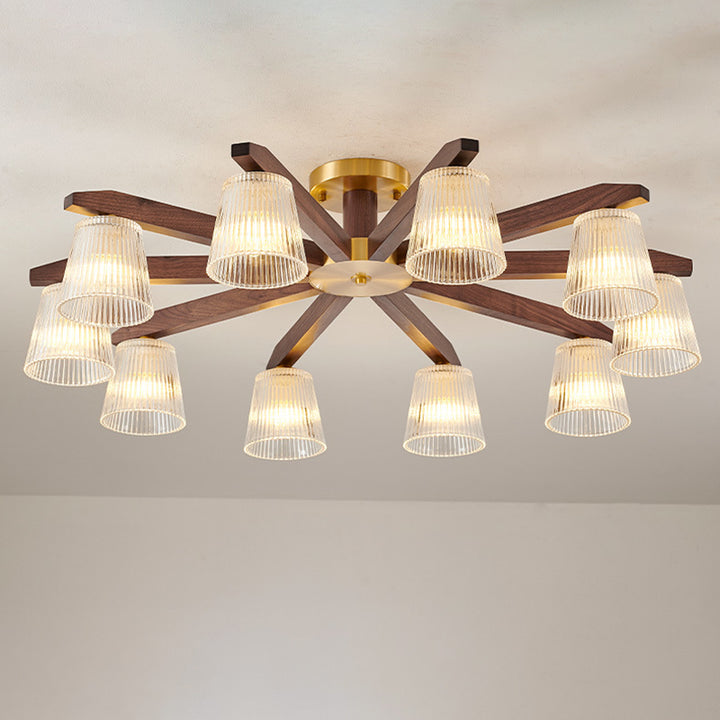 Zeitgenössische Retro-Becher aus Walnussholz und Kupferglas 5/6/8/10-Licht Halbeinbau-Deckenleuchte für das Schlafzimmer 
