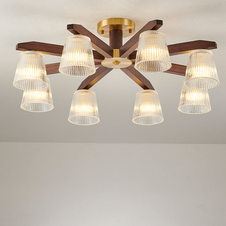 Zeitgenössische Retro-Becher aus Walnussholz und Kupferglas 5/6/8/10-Licht Halbeinbau-Deckenleuchte für das Schlafzimmer 