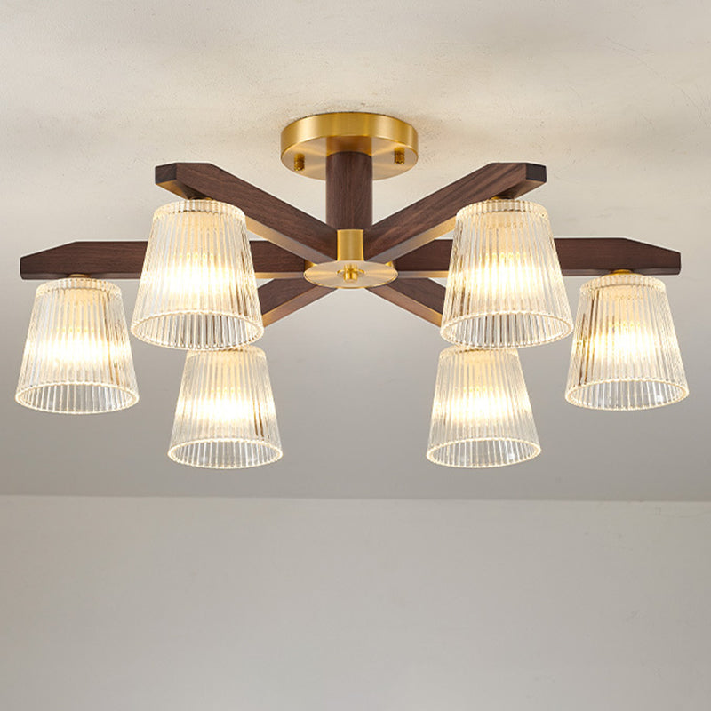 Zeitgenössische Retro-Becher aus Walnussholz und Kupferglas 5/6/8/10-Licht Halbeinbau-Deckenleuchte für das Schlafzimmer 