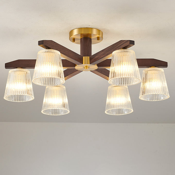 Zeitgenössische Retro-Becher aus Walnussholz und Kupferglas 5/6/8/10-Licht Halbeinbau-Deckenleuchte für das Schlafzimmer 