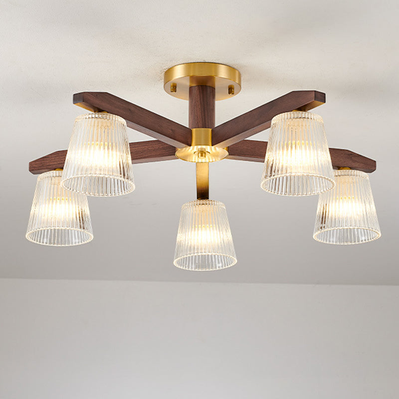 Zeitgenössische Retro-Becher aus Walnussholz und Kupferglas 5/6/8/10-Licht Halbeinbau-Deckenleuchte für das Schlafzimmer 