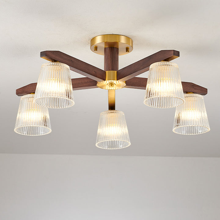 Zeitgenössische Retro-Becher aus Walnussholz und Kupferglas 5/6/8/10-Licht Halbeinbau-Deckenleuchte für das Schlafzimmer 