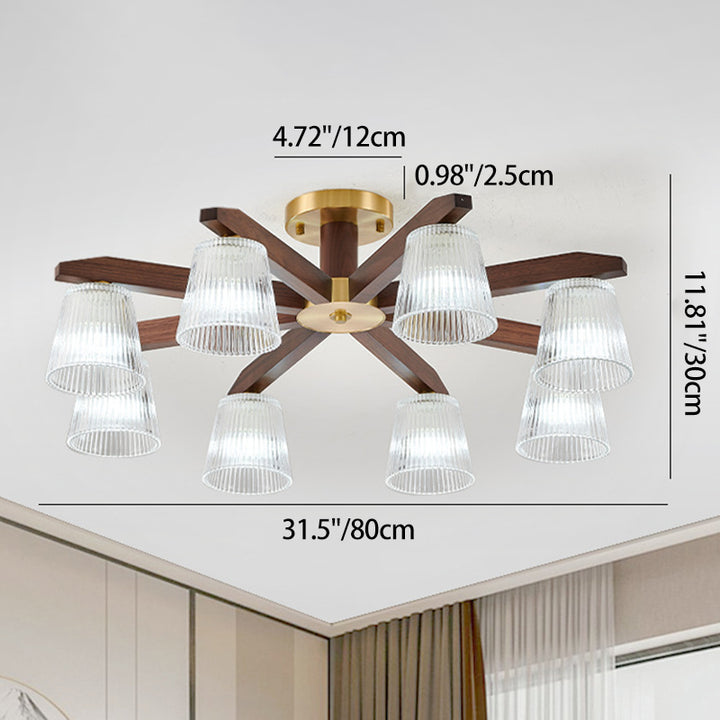 Zeitgenössische Retro-Becher aus Walnussholz und Kupferglas 5/6/8/10-Licht Halbeinbau-Deckenleuchte für das Schlafzimmer 