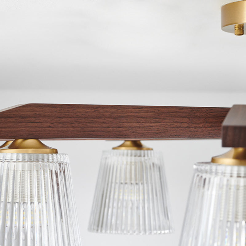 Zeitgenössische Retro-Becher aus Walnussholz und Kupferglas 5/6/8/10-Licht Halbeinbau-Deckenleuchte für das Schlafzimmer 