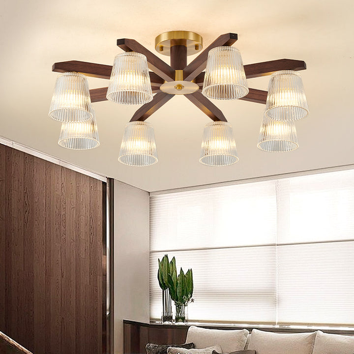 Zeitgenössische Retro-Becher aus Walnussholz und Kupferglas 5/6/8/10-Licht Halbeinbau-Deckenleuchte für das Schlafzimmer 