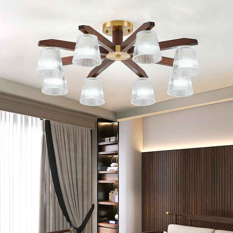 Zeitgenössische Retro-Becher aus Walnussholz und Kupferglas 5/6/8/10-Licht Halbeinbau-Deckenleuchte für das Schlafzimmer 