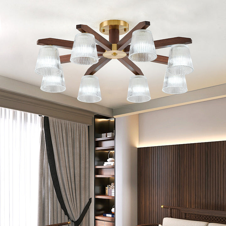 Zeitgenössische Retro-Becher aus Walnussholz und Kupferglas 5/6/8/10-Licht Halbeinbau-Deckenleuchte für das Schlafzimmer 