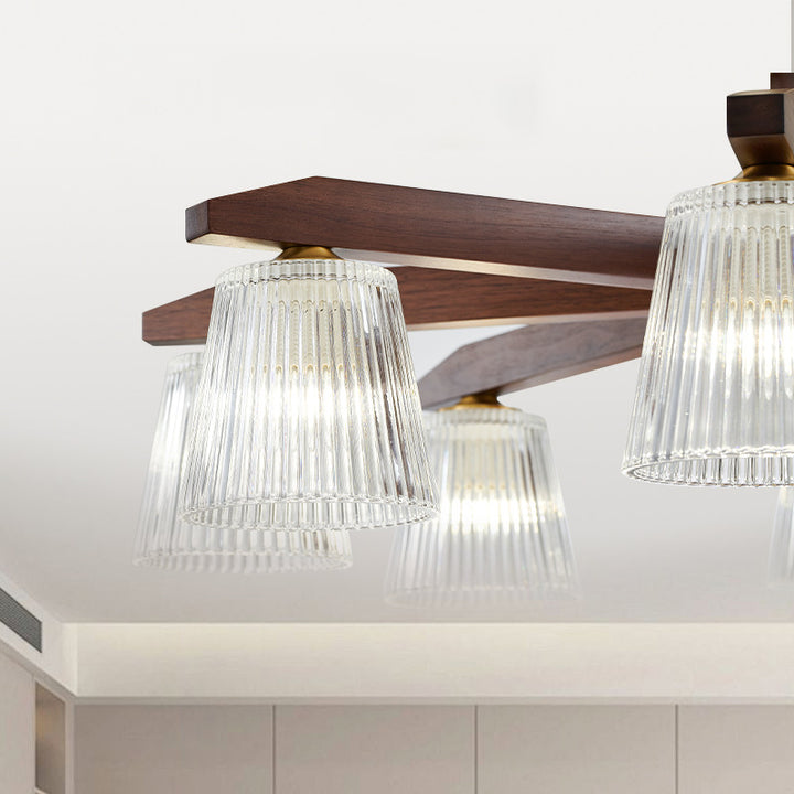 Zeitgenössische Retro-Becher aus Walnussholz und Kupferglas 5/6/8/10-Licht Halbeinbau-Deckenleuchte für das Schlafzimmer 