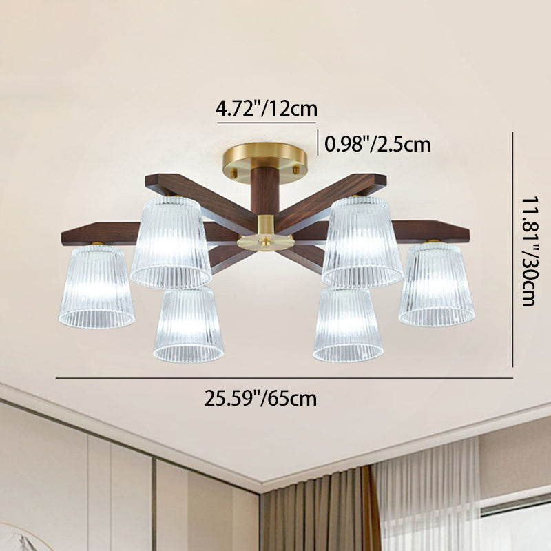 Zeitgenössische Retro-Becher aus Walnussholz und Kupferglas 5/6/8/10-Licht Halbeinbau-Deckenleuchte für das Schlafzimmer 
