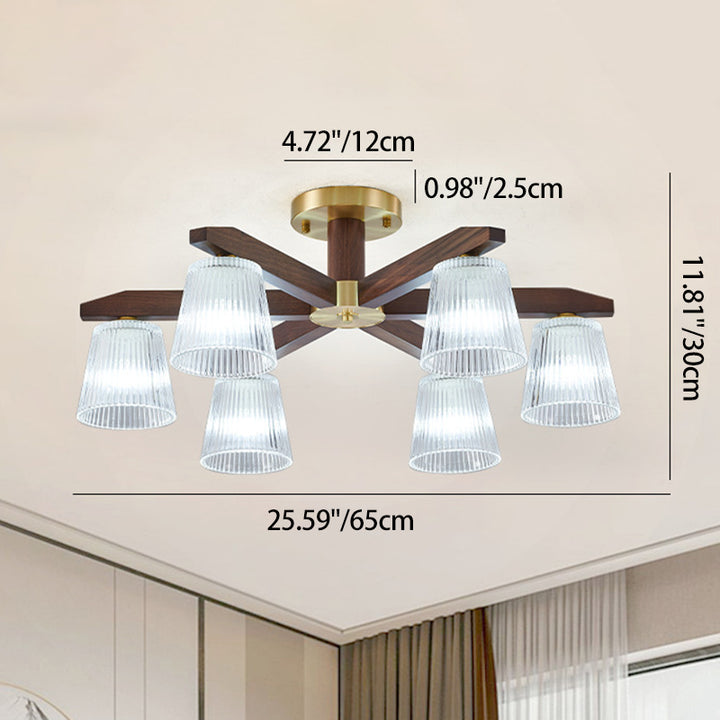 Zeitgenössische Retro-Becher aus Walnussholz und Kupferglas 5/6/8/10-Licht Halbeinbau-Deckenleuchte für das Schlafzimmer 