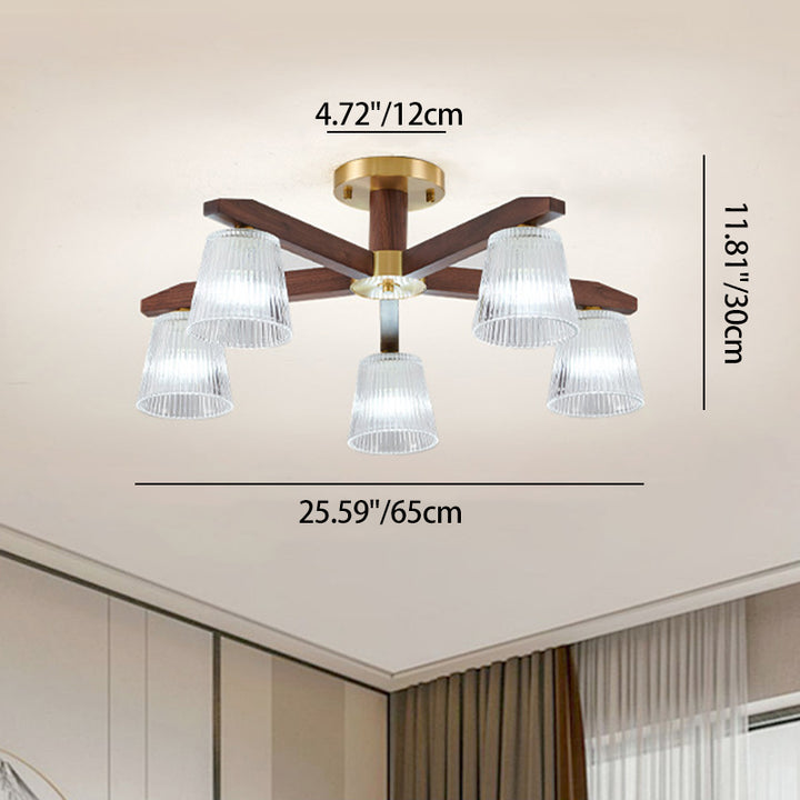 Zeitgenössische Retro-Becher aus Walnussholz und Kupferglas 5/6/8/10-Licht Halbeinbau-Deckenleuchte für das Schlafzimmer 