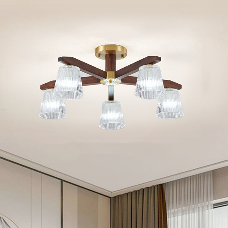 Zeitgenössische Retro-Becher aus Walnussholz und Kupferglas 5/6/8/10-Licht Halbeinbau-Deckenleuchte für das Schlafzimmer 