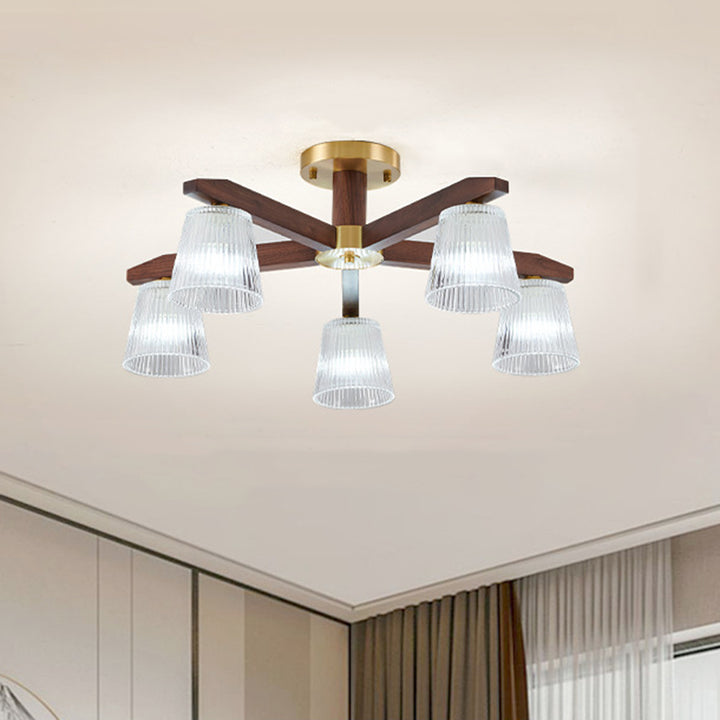 Zeitgenössische Retro-Becher aus Walnussholz und Kupferglas 5/6/8/10-Licht Halbeinbau-Deckenleuchte für das Schlafzimmer 