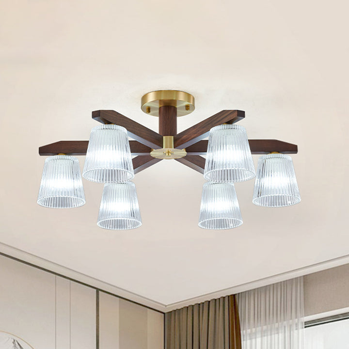 Zeitgenössische Retro-Becher aus Walnussholz und Kupferglas 5/6/8/10-Licht Halbeinbau-Deckenleuchte für das Schlafzimmer 