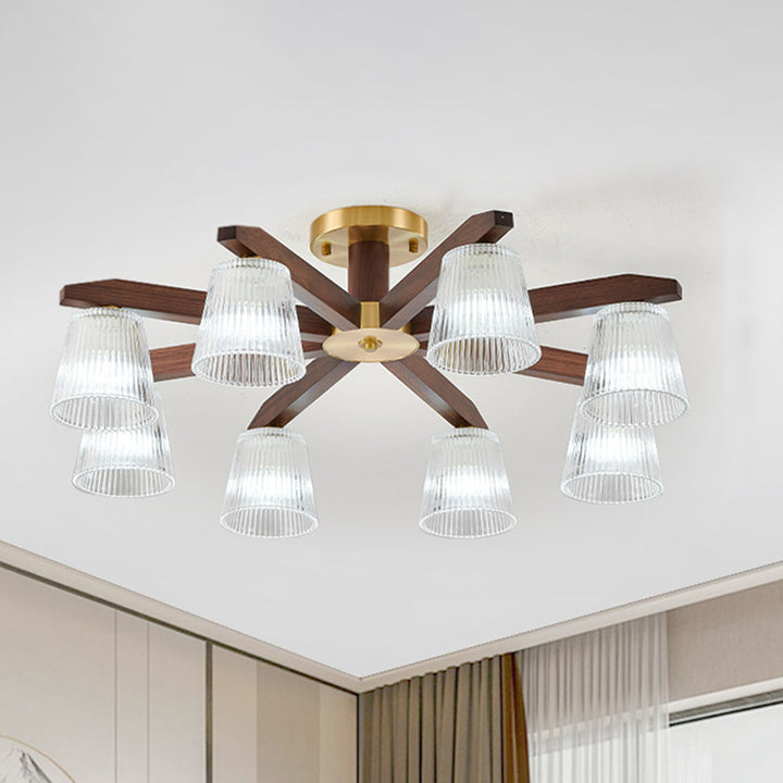 Zeitgenössische Retro-Becher aus Walnussholz und Kupferglas 5/6/8/10-Licht Halbeinbau-Deckenleuchte für das Schlafzimmer 