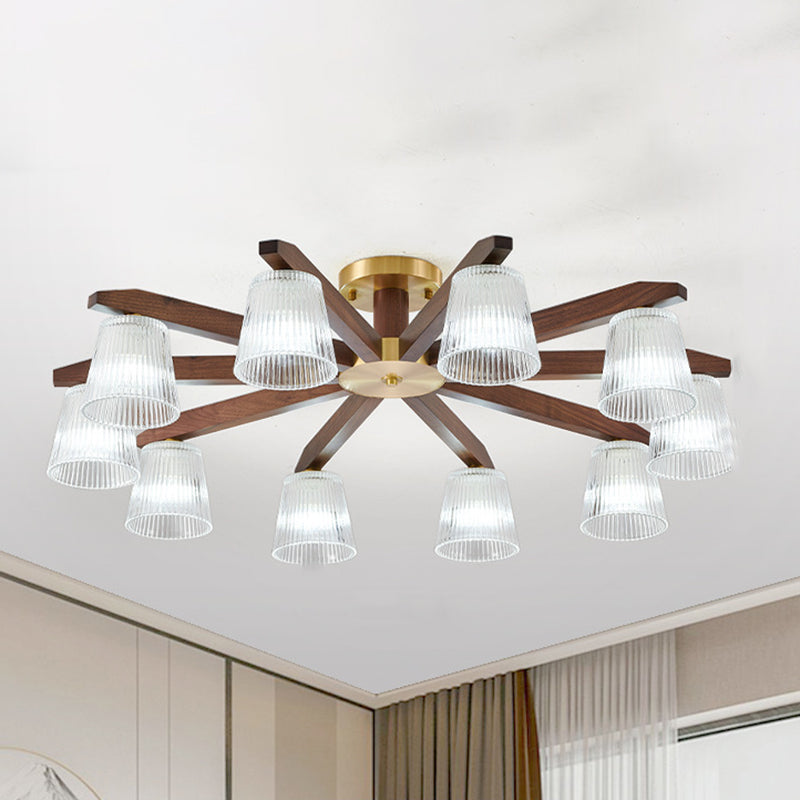 Zeitgenössische Retro-Becher aus Walnussholz und Kupferglas 5/6/8/10-Licht Halbeinbau-Deckenleuchte für das Schlafzimmer 