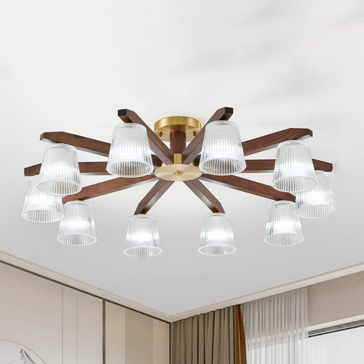 Zeitgenössische Retro-Becher aus Walnussholz und Kupferglas 5/6/8/10-Licht Halbeinbau-Deckenleuchte für das Schlafzimmer 