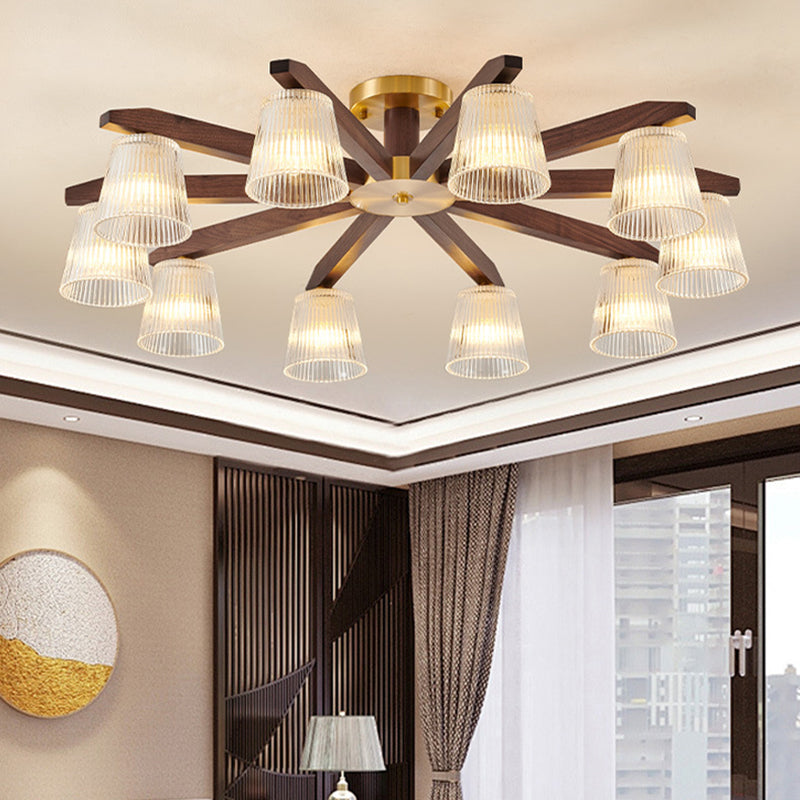 Zeitgenössische Retro-Becher aus Walnussholz und Kupferglas 5/6/8/10-Licht Halbeinbau-Deckenleuchte für das Schlafzimmer 