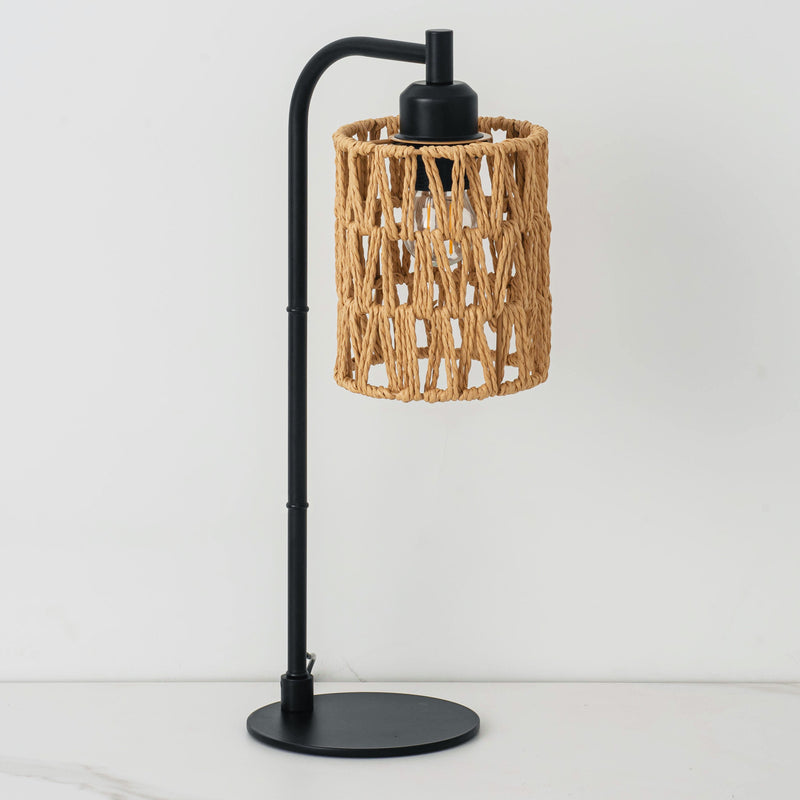 Lámpara de Mesa Tradicional Rústica Cilíndrica de Hierro con Tejido de Cuerda de Cáñamo USB de 1 Luz Para Estudio 
