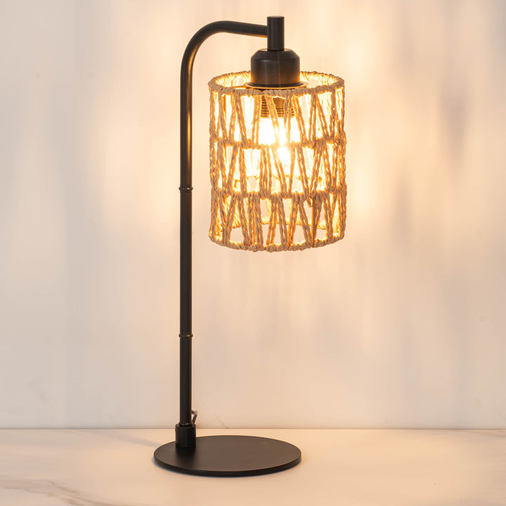 Traditional Rustic Cylindrical Iron Hemp Rope Weaving USB 1-Light Table Lamp For Study