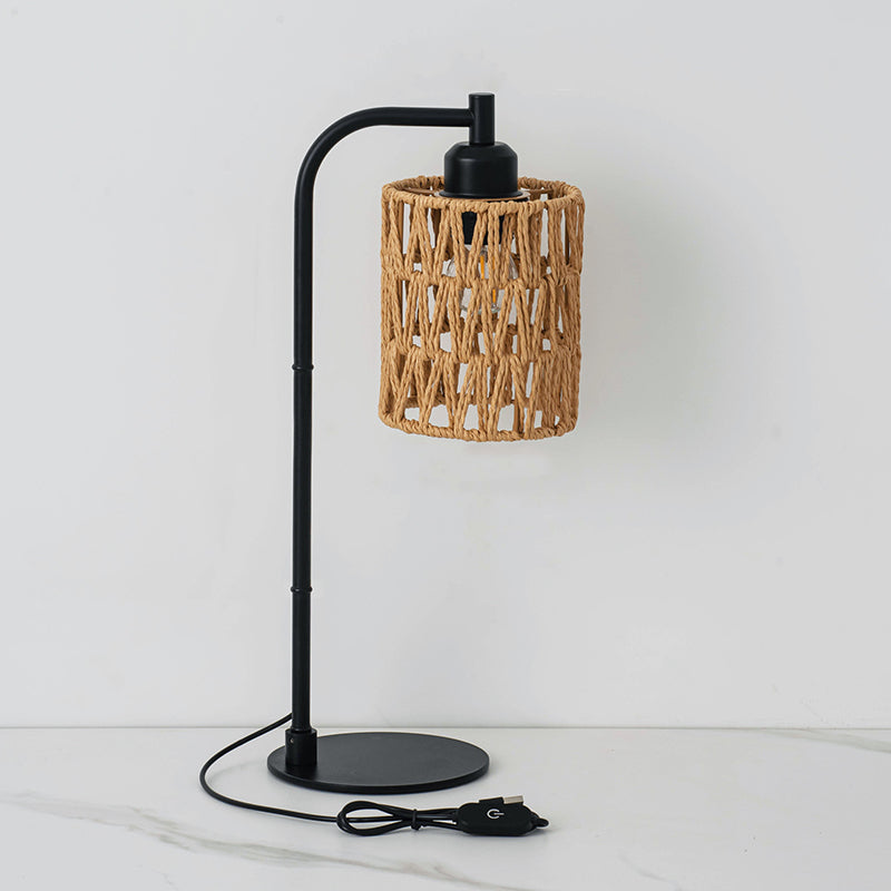 Lámpara de Mesa Tradicional Rústica Cilíndrica de Hierro con Tejido de Cuerda de Cáñamo USB de 1 Luz Para Estudio 