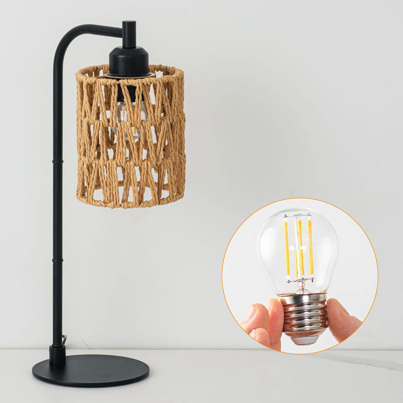 Lámpara de Mesa Tradicional Rústica Cilíndrica de Hierro con Tejido de Cuerda de Cáñamo USB de 1 Luz Para Estudio 