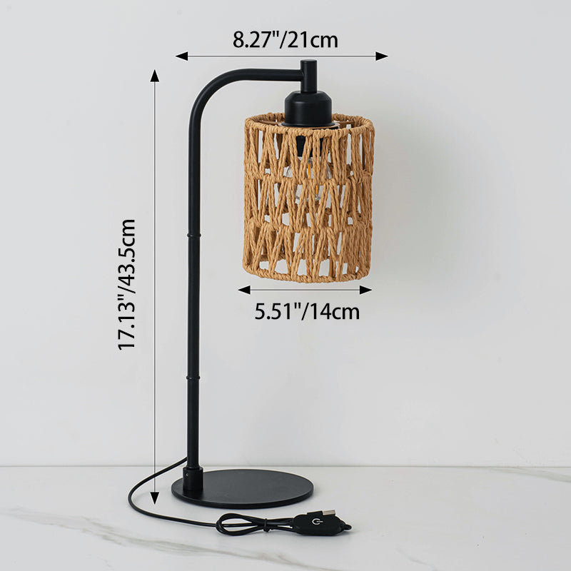 Lámpara de Mesa Tradicional Rústica Cilíndrica de Hierro con Tejido de Cuerda de Cáñamo USB de 1 Luz Para Estudio 