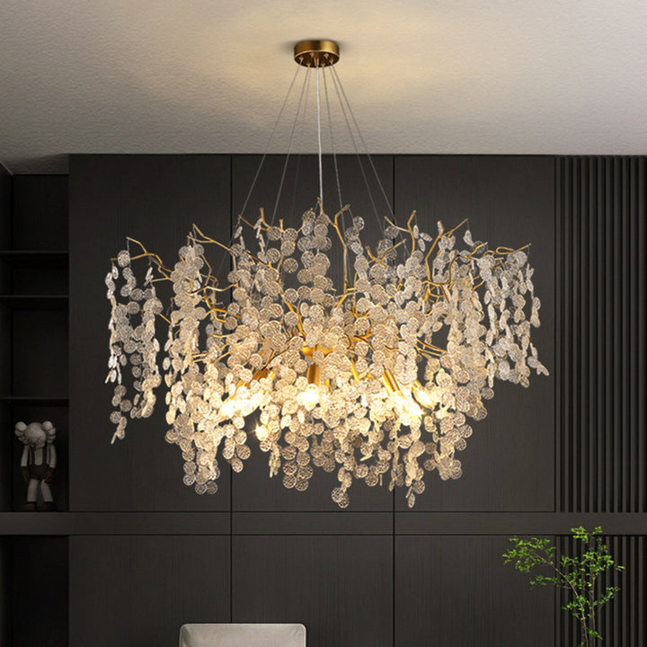 Chandelier contemporain de luxe rond avec branches de feuilles en aluminium et cristaux 9/10/12/14 lumières pour salon 