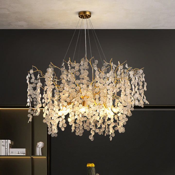 Chandelier contemporain de luxe rond avec branches de feuilles en aluminium et cristaux 9/10/12/14 lumières pour salon 