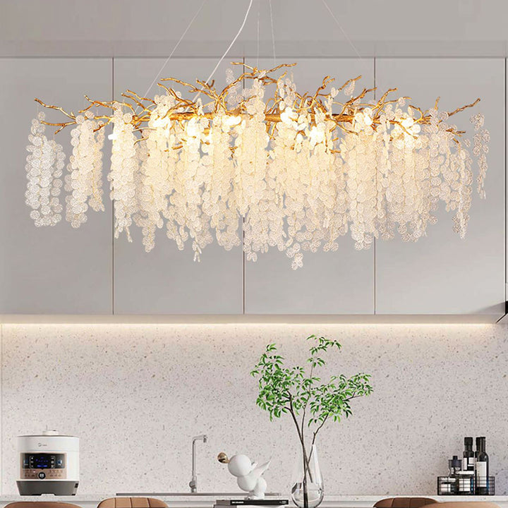 Chandelier contemporain de luxe rond avec branches de feuilles en aluminium et cristaux 9/10/12/14 lumières pour salon 