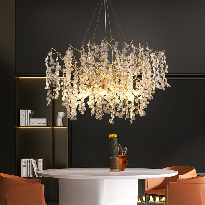 Chandelier contemporain de luxe rond avec branches de feuilles en aluminium et cristaux 9/10/12/14 lumières pour salon 