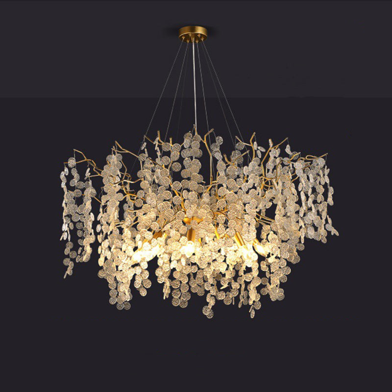 Lámpara de Araña Contemporánea de Lujo con Hojas Redondas y Ramas de Aluminio y Cristal de 9/10/12/14 Luces para Sala de Estar 
