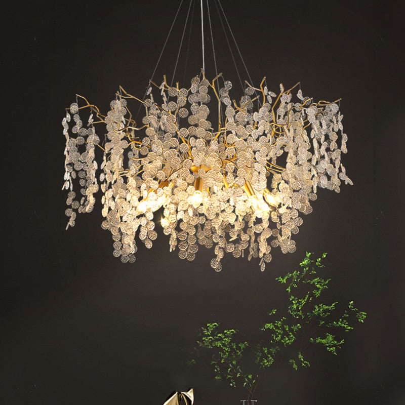 Lámpara de Araña Contemporánea de Lujo con Hojas Redondas y Ramas de Aluminio y Cristal de 9/10/12/14 Luces para Sala de Estar 